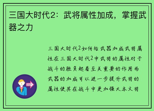 三国大时代2：武将属性加成，掌握武器之力